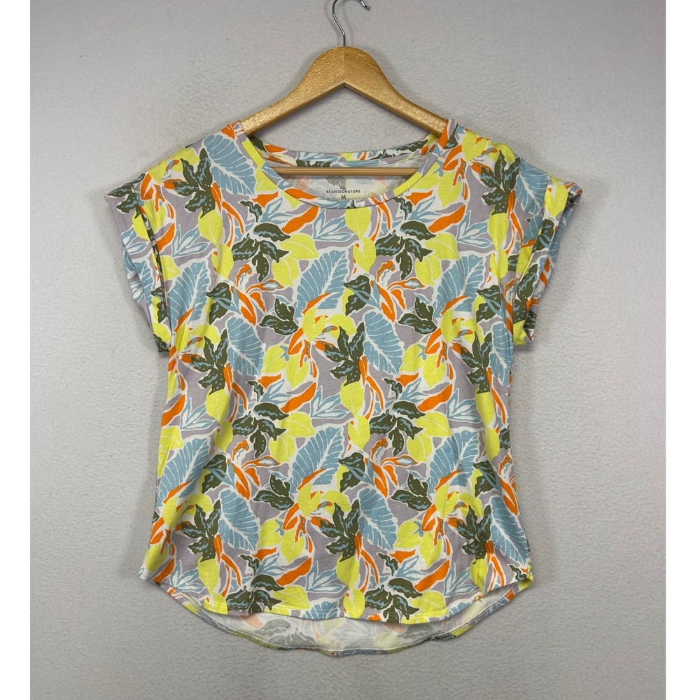 Tropical Botanical L.L. Bean Signature Womens M Yellow Leaf Cuffed Sleeve Top